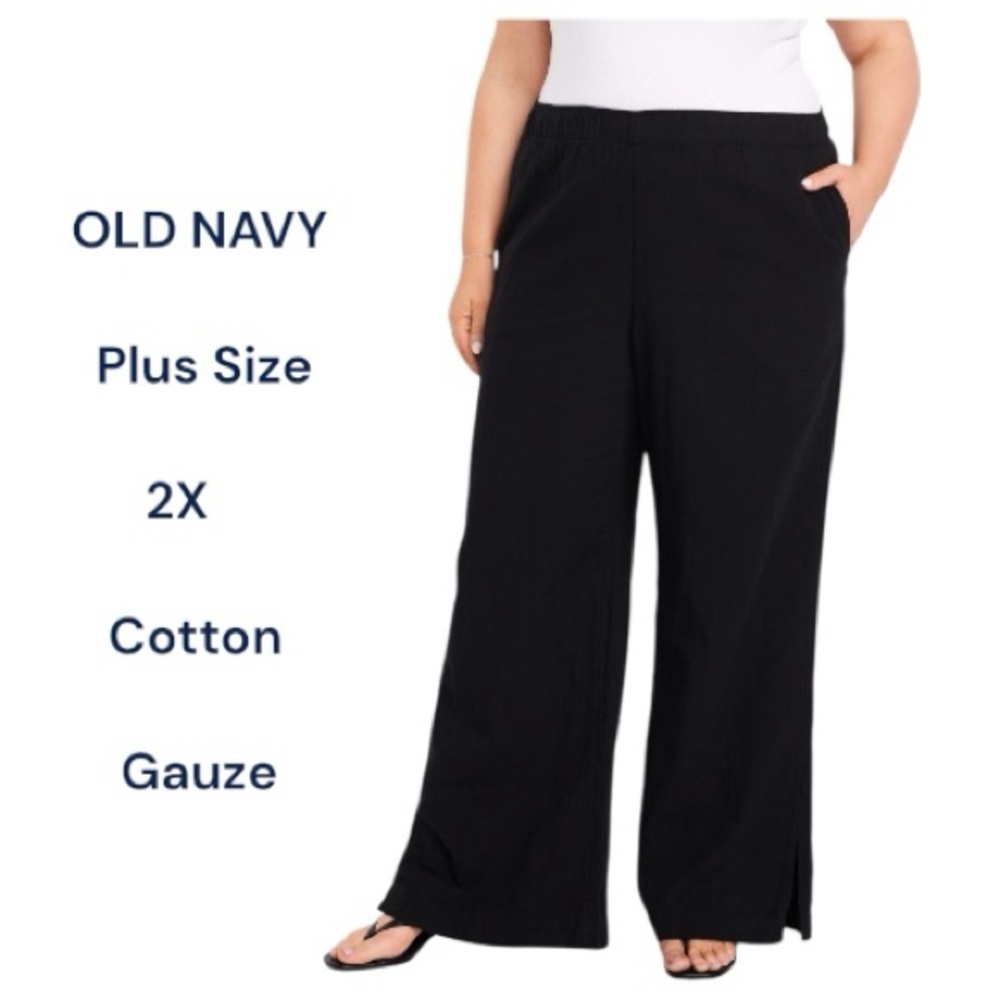 Old Navy Cotton Pants High-Waist Gauze Black Wide Leg Comfort Waistband 2X